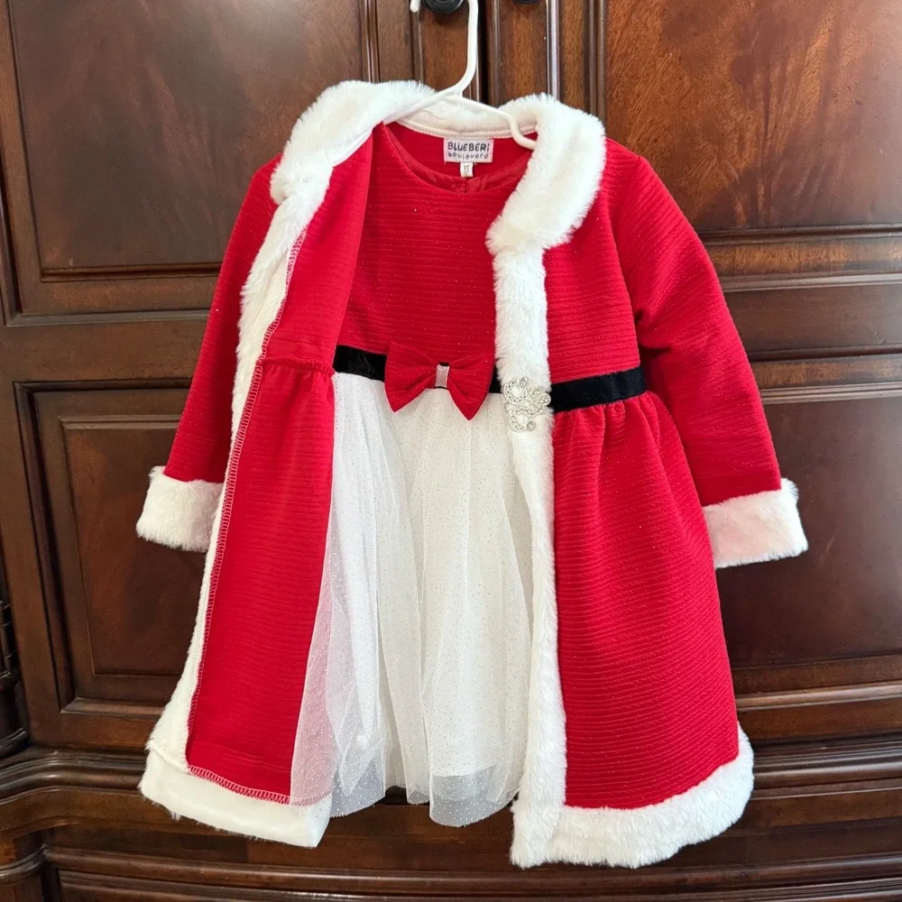 NWT Blueberi Boulevard Dress and Coat Set Toddler Girls 3T Fur Holiday Christmas